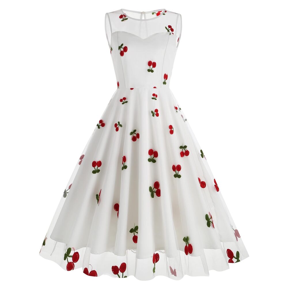 3736 50s Style Vintage Cherry Dress - White Baptism Communion Dress by